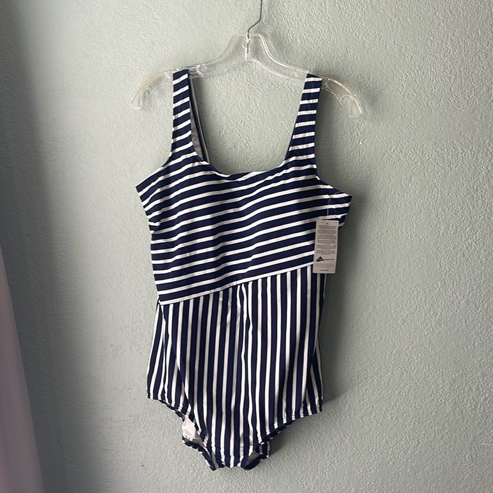 Land’s End navy stripe swimsuit